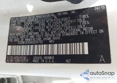 2010 Toyota Highlander Base V6 from USA, damaged, VIN 5TDBK3EHXAS024792